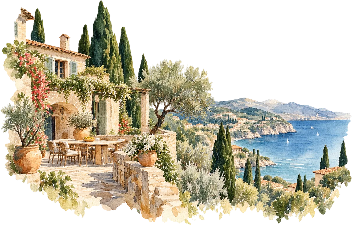 Watercolour of a Mediterranean terrace overlooking the sea