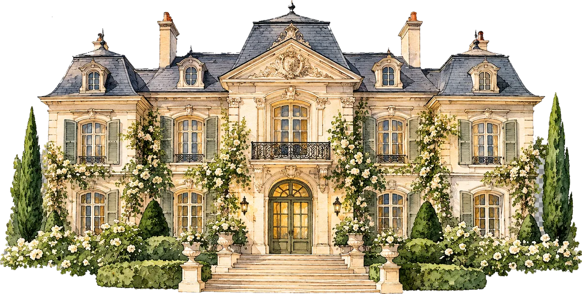 Watercolour of an English country manor and its gardens